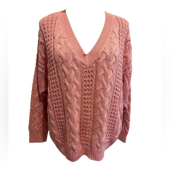 80s PINK COTTON CABLE KNIT VNECK CHUNKY DROP SHOULDERS FISHERMAN SWEATER SZ L - Picture 1 of 5